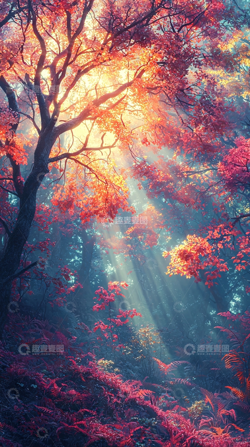 高清大图下载【趣麦麦图】梦幻森林光线透过树叶