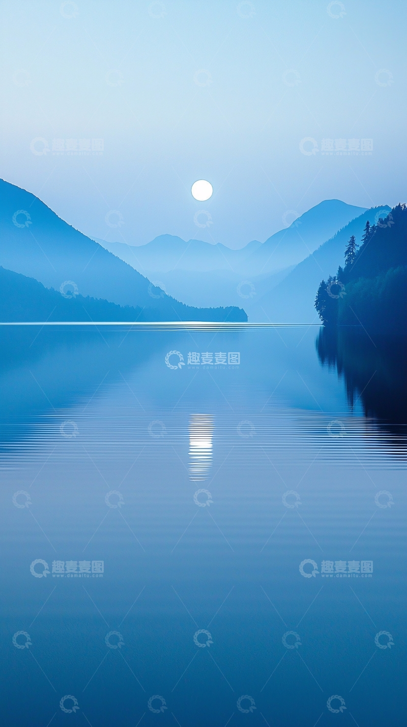 高清大图下载【趣麦麦图】平静湖面山峦日出