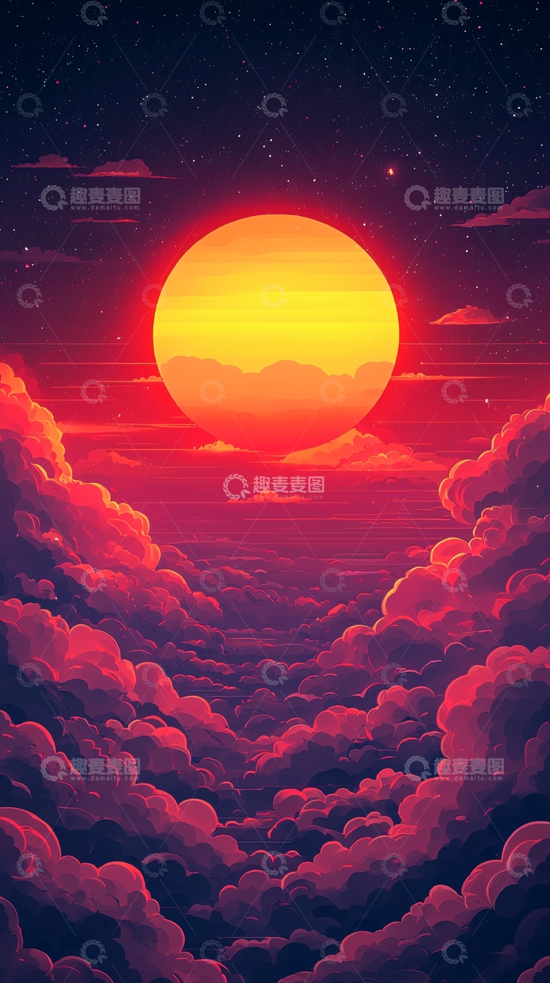 高清大图下载【趣麦麦图】巨大火红落日云海