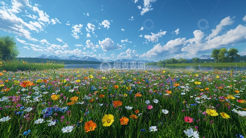 高清大图下载【趣麦麦图】湖边野花盛开的草原