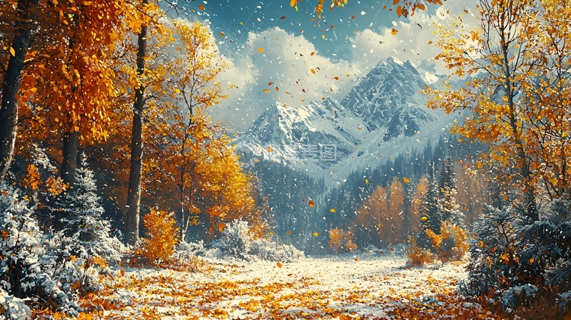 高清大图下载【趣麦麦图】秋天的山林雪景