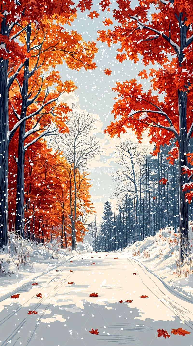 高清大图下载【趣麦麦图】红叶白雪森林小路