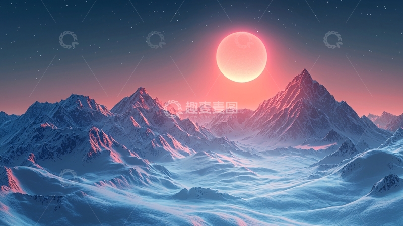 高清大图下载【趣麦麦图】粉色星球雪山日落