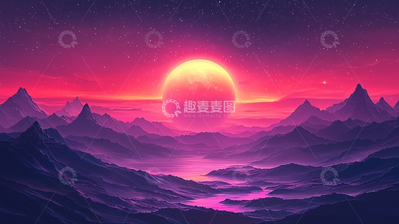高清大图下载【趣麦麦图】粉色星球日落山脉