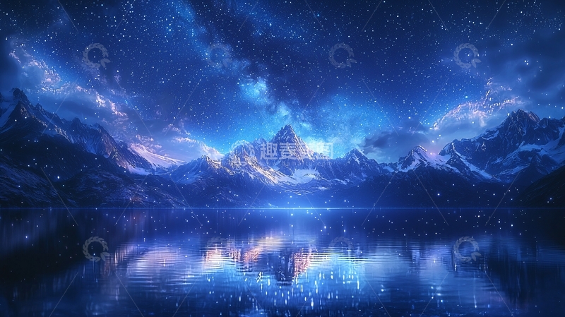 高清大图下载【趣麦麦图】宁静的湖面倒映着星空下的雪山
