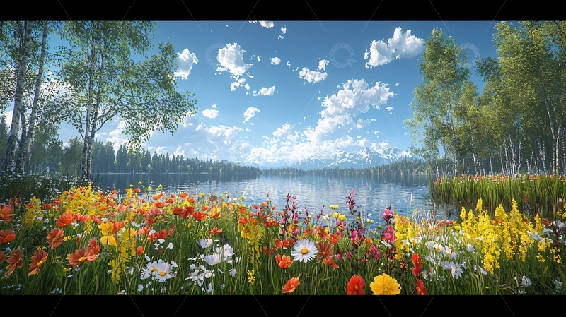 高清大图下载【趣麦麦图】湖边鲜花盛开