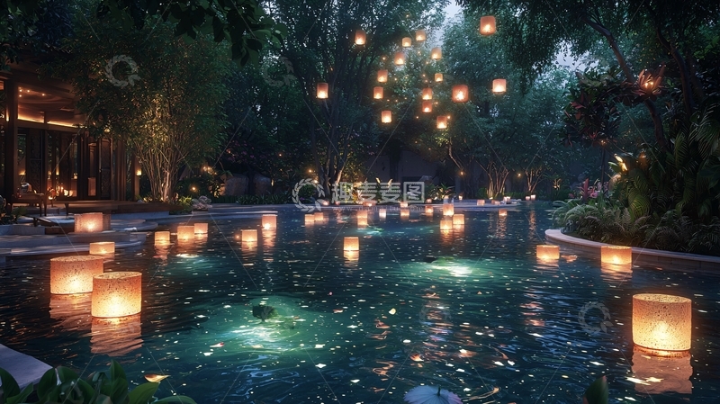 高清大图下载【趣麦麦图】夜晚水池烛光