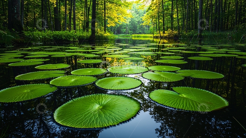 高清大图下载【趣麦麦图】森林河流巨型睡莲