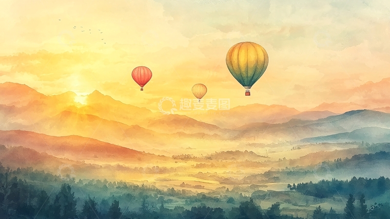 高清大图下载【趣麦麦图】日出热气球山峦水彩画