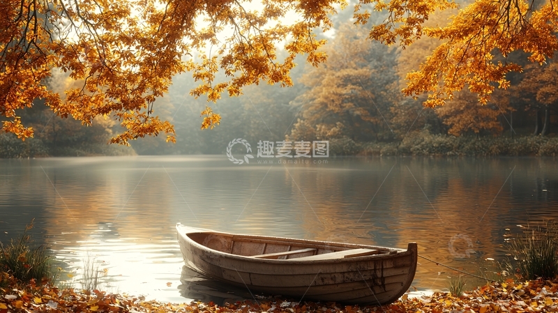 高清大图下载【趣麦麦图】秋日湖边小船