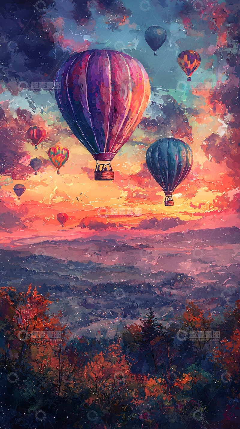 高清大图下载【趣麦麦图】绚丽热气球夕阳风景画