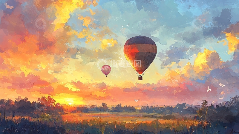 高清大图下载【趣麦麦图】夕阳下热气球风景画