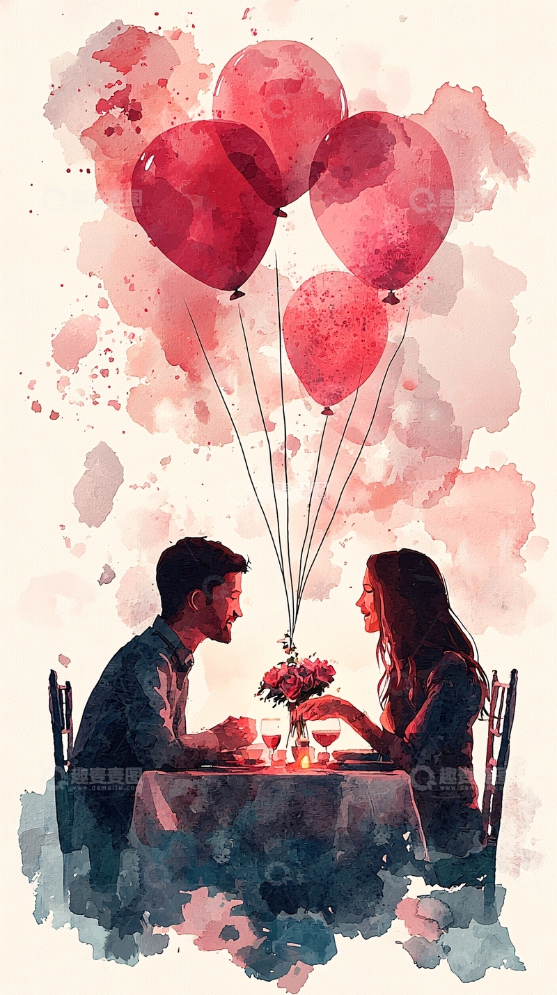 高清大图下载【趣麦麦图】水彩画情侣浪漫晚餐