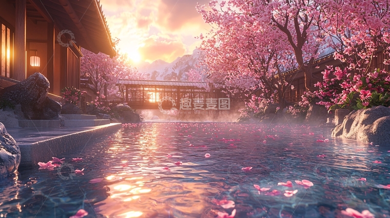 高清大图下载【趣麦麦图】日式温泉樱花景色