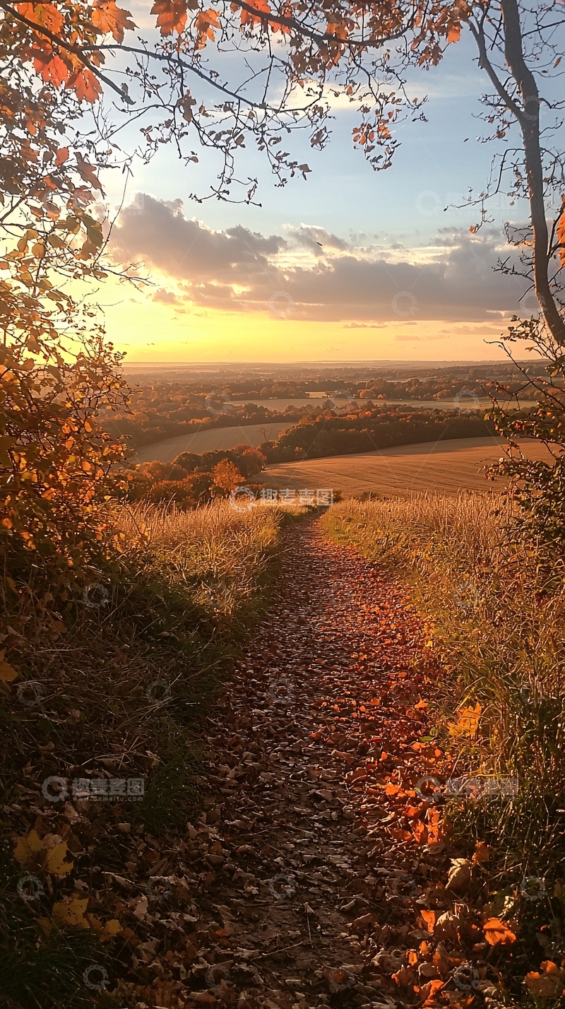 高清大图下载【趣麦麦图】秋日山间小路落叶景色