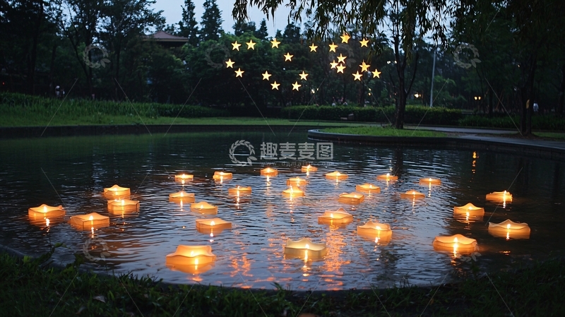 高清大图下载【趣麦麦图】夜晚池塘烛光