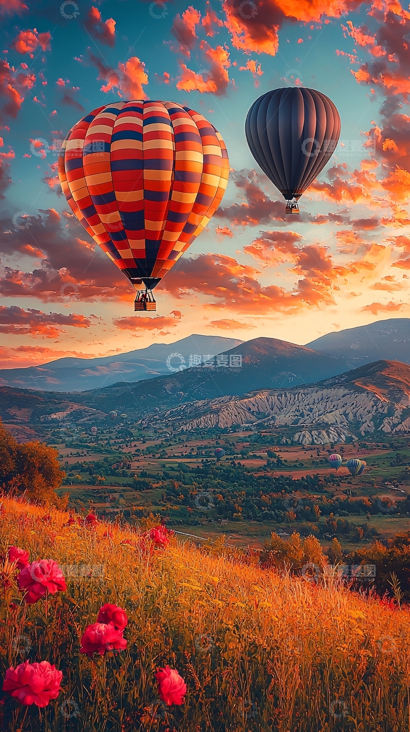 高清大图下载【趣麦麦图】热气球日出山峦美景