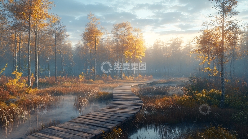 高清大图下载【趣麦麦图】秋日清晨雾气森林小路