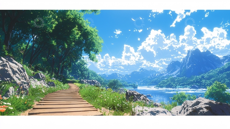 高清大图下载【趣麦麦图】阳光明媚的山间木栈道