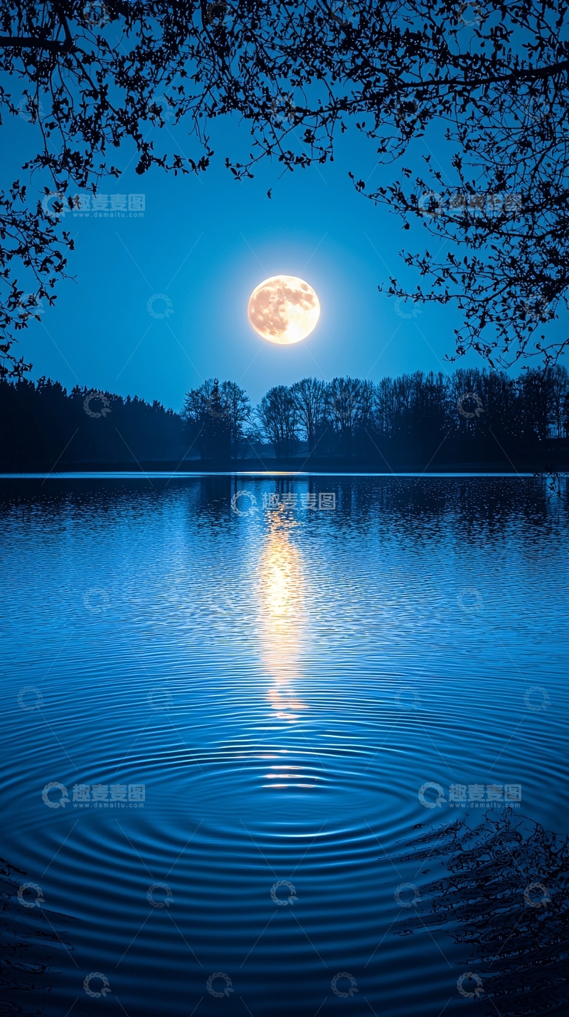 高清大图下载【趣麦麦图】蓝月亮下的宁静湖泊