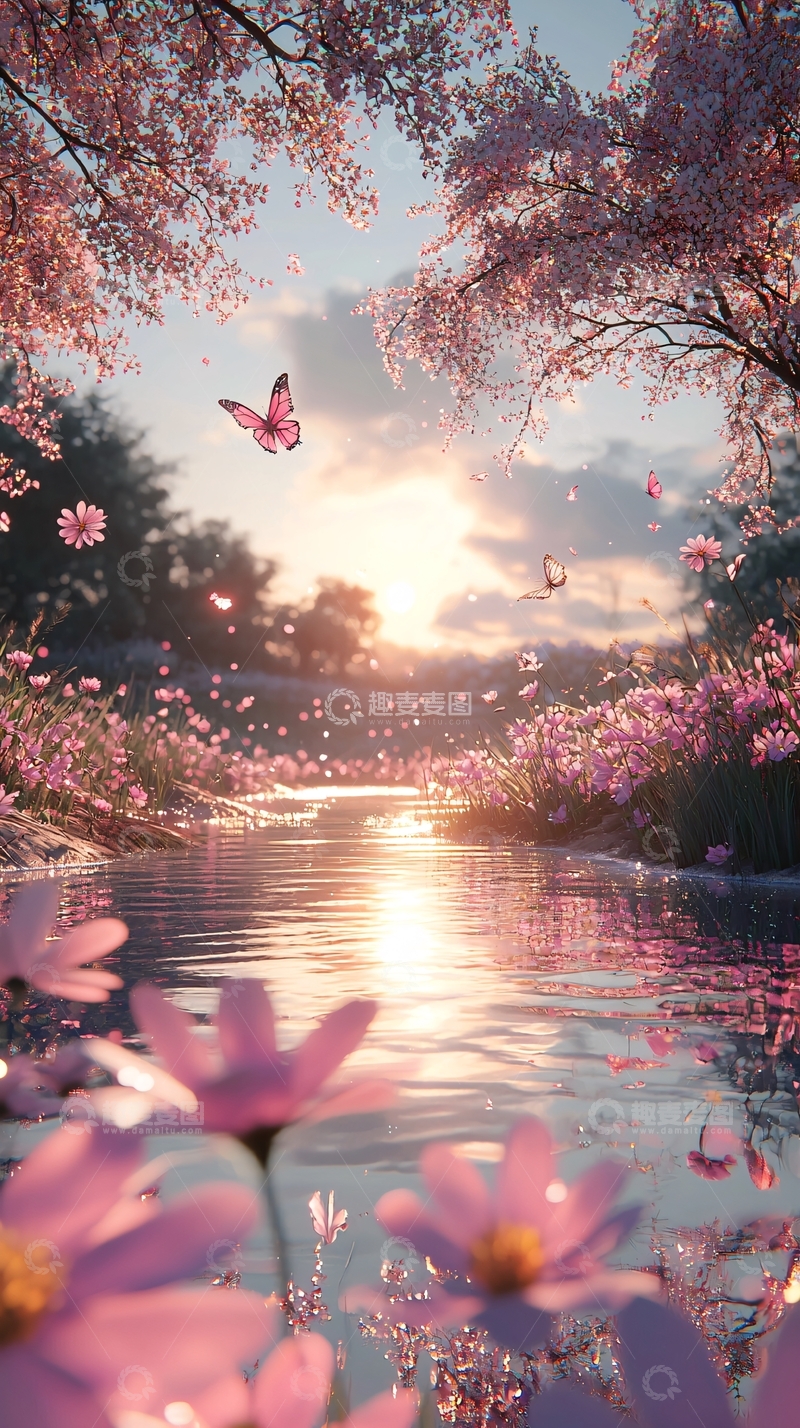 高清大图下载【趣麦麦图】粉色樱花树下的河流