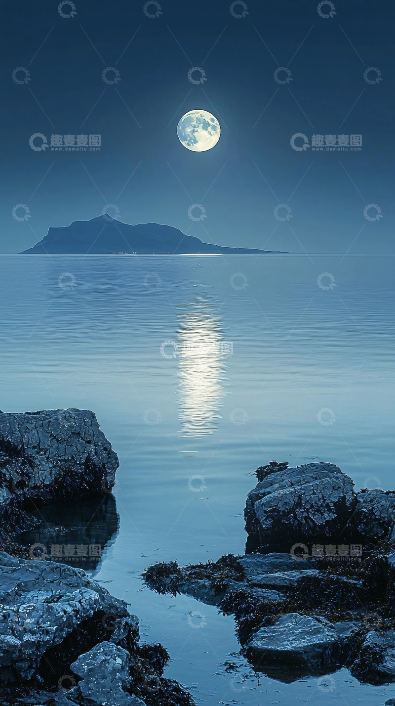 高清大图下载【趣麦麦图】极简蓝色系月夜海景图