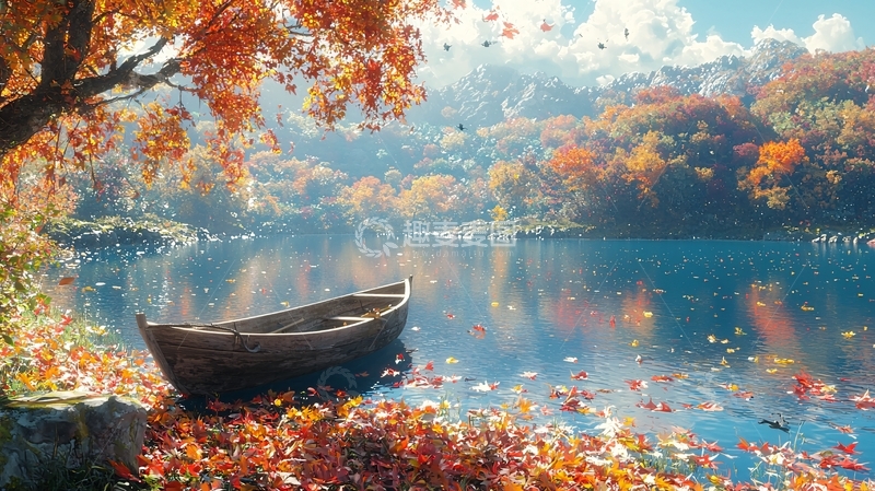 高清大图下载【趣麦麦图】秋日湖边小船