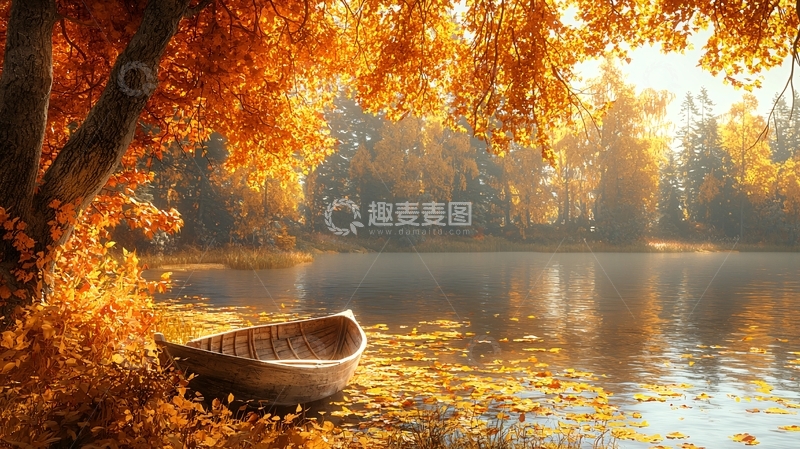 高清大图下载【趣麦麦图】秋日湖边小舟