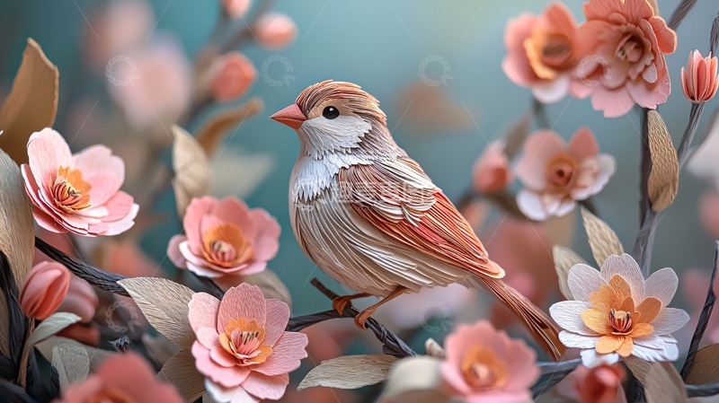 高清大图下载【趣麦麦图】粉色花朵中的小鸟