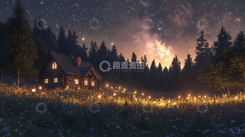 高清大图下载【趣麦麦图】星空下的森林小屋
