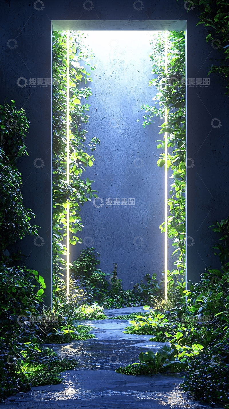 高清大图下载【趣麦麦图】光线透过藤蔓覆盖的石门