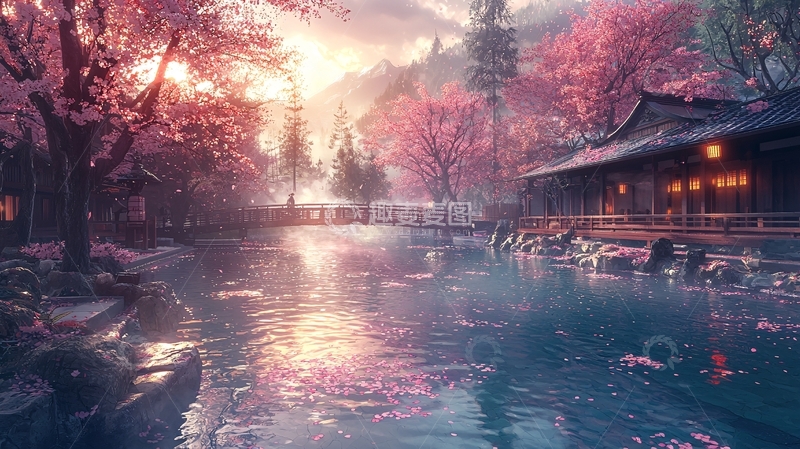 高清大图下载【趣麦麦图】唯美樱花树下的日式庭院