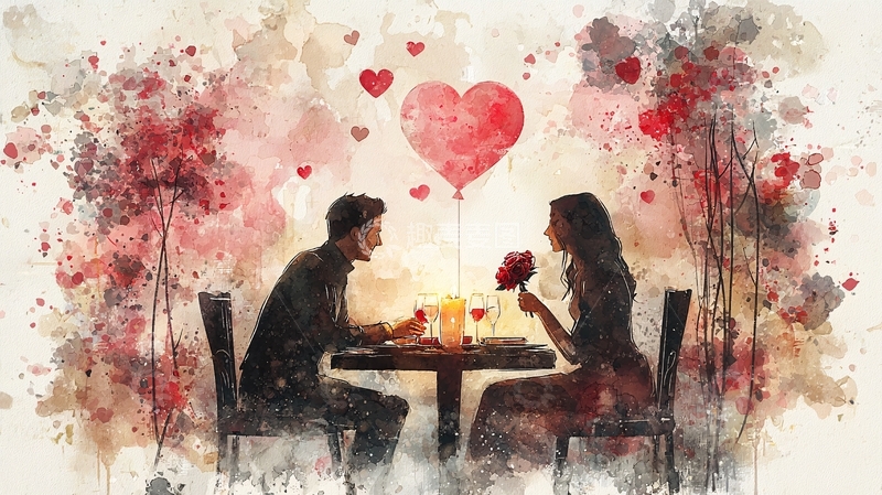 高清大图下载【趣麦麦图】水彩画情侣烛光晚餐