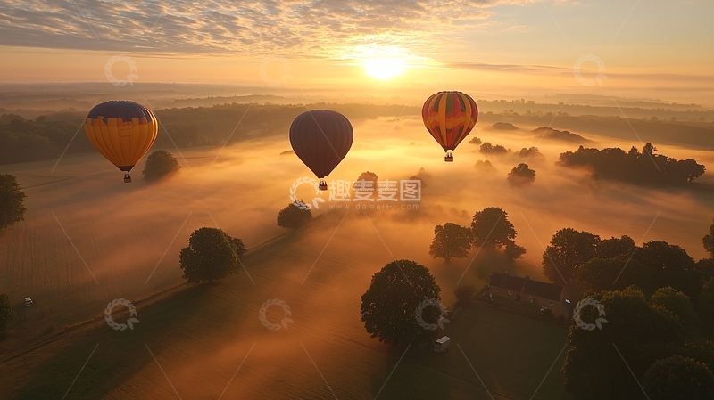 高清大图下载【趣麦麦图】日出热气球田园风光