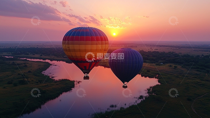 高清大图下载【趣麦麦图】日出热气球空中景色