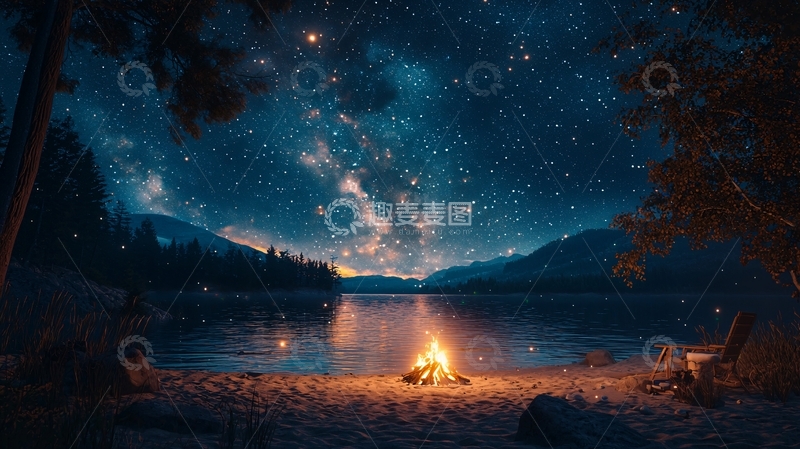 高清大图下载【趣麦麦图】湖边篝火星空璀璨