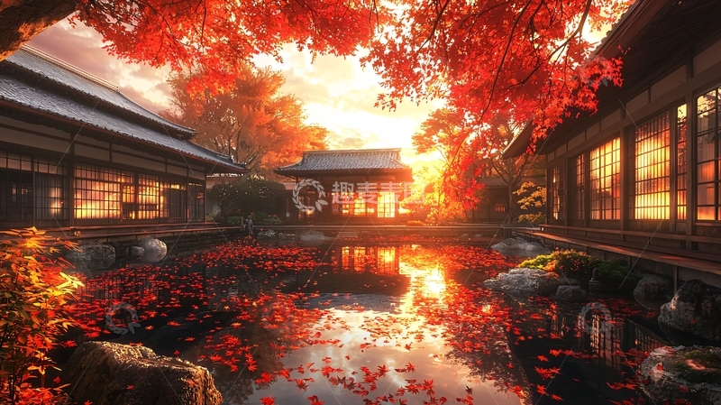 高清大图下载【趣麦麦图】日式庭院秋景如画