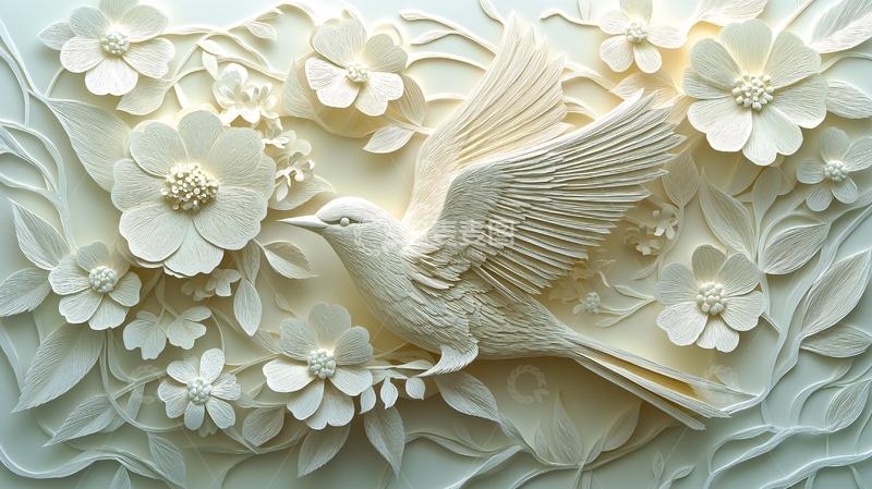 高清大图下载【趣麦麦图】白色浮雕鸟和花