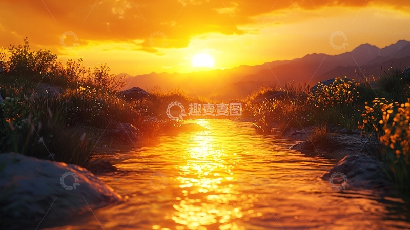 高清大图下载【趣麦麦图】夕阳西下河流景色