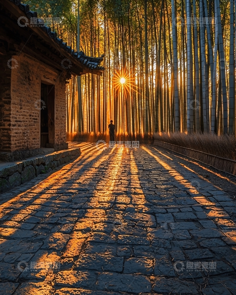 高清大图下载【趣麦麦图】日出竹林古建筑