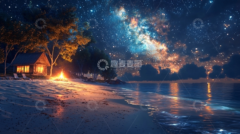 高清大图下载【趣麦麦图】星空下的海边小屋