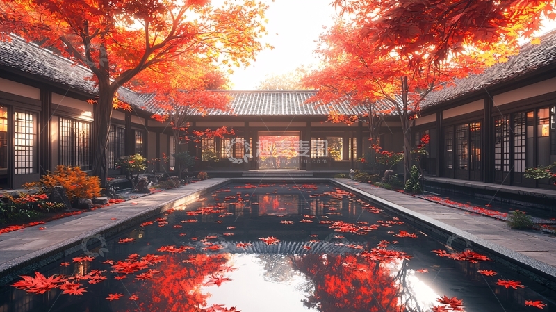 高清大图下载【趣麦麦图】秋日红叶庭院