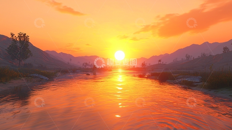 高清大图下载【趣麦麦图】夕阳西下河面金光
