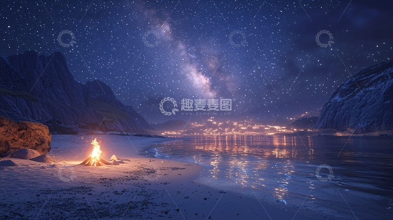 高清大图下载【趣麦麦图】湖边篝火夜空银河