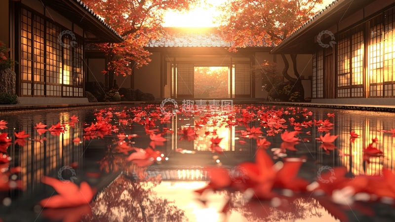 高清大图下载【趣麦麦图】秋日庭院红叶倒影