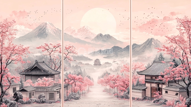 高清大图下载【趣麦麦图】粉色樱花富士山风景画