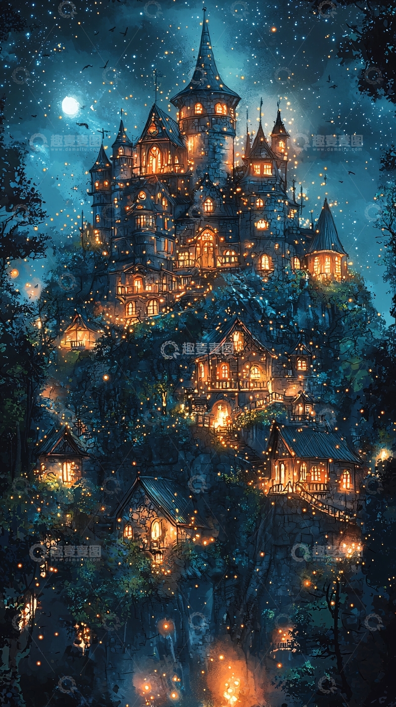 高清大图下载【趣麦麦图】山顶梦幻城堡夜景