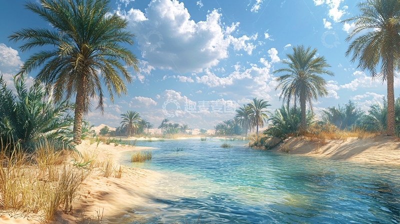高清大图下载【趣麦麦图】沙漠绿洲中的棕榈树