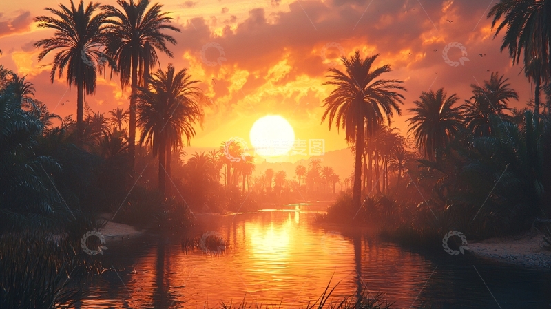 高清大图下载【趣麦麦图】棕榈树下的日落