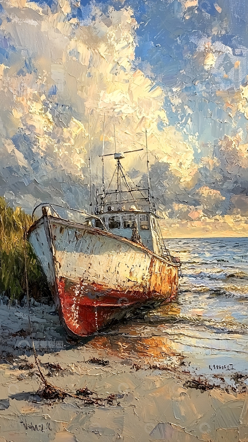 高清大图下载【趣麦麦图】海滩上破旧的渔船